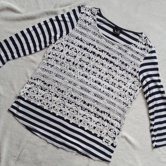new directions Tops - 5 for $10 New Directions Navy & White Stripe Crochet Overlay Longsleeve Top M
